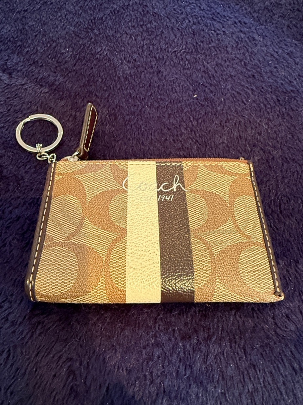 Coach Brown Signature Stripe Card Case Keychain with Tan and Dark Brown Stripes